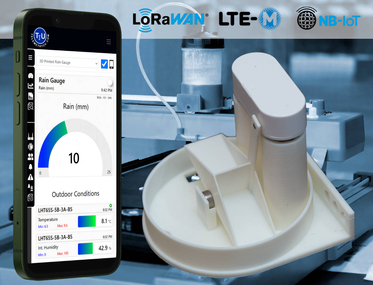 3D printed Rain Gauge the Telemetry2U IoT platform for remote monitoring