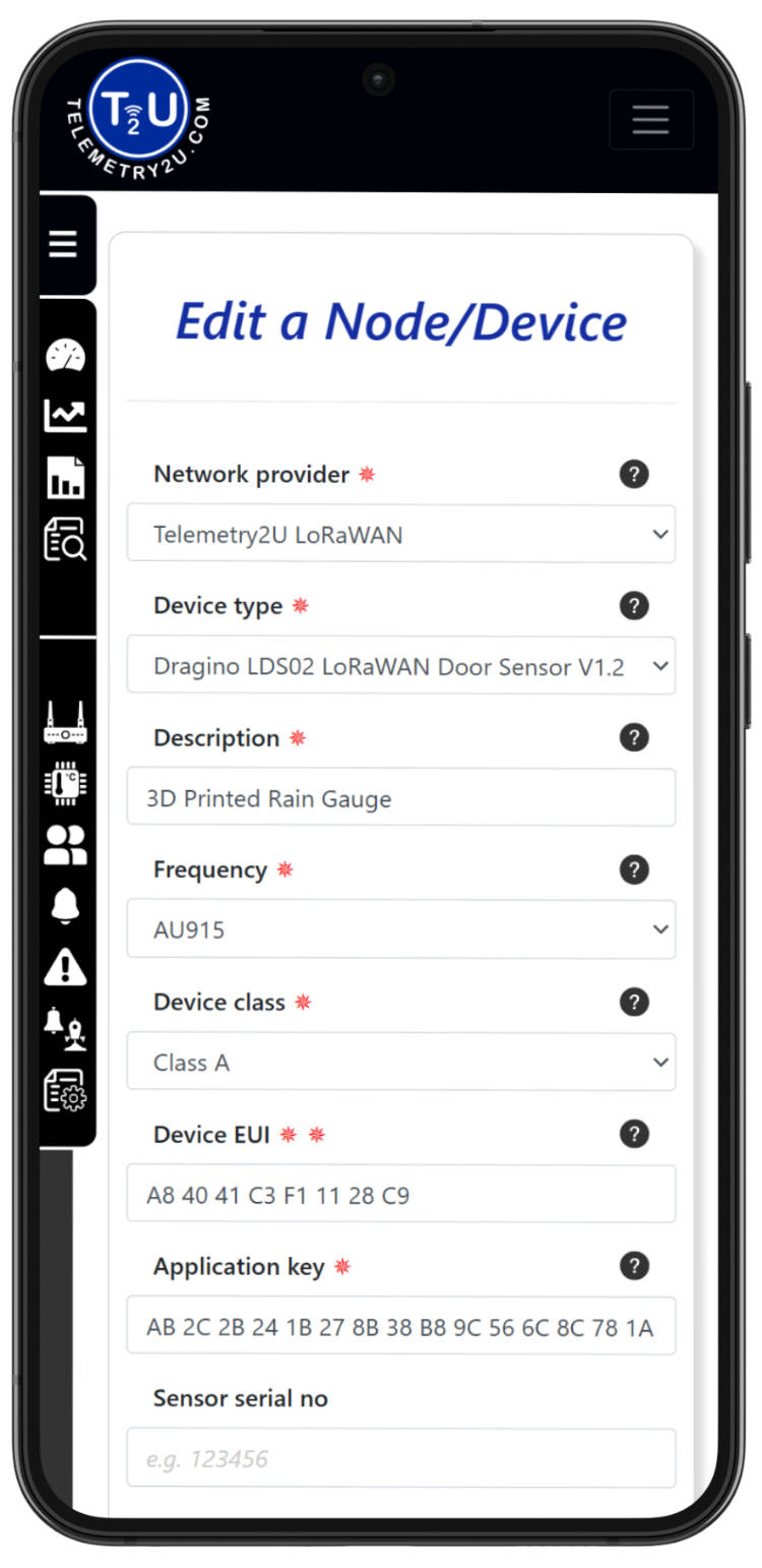 Screenshot showing how to add a LoRaWAN, NB-IoT, or LTE-M rain gauge device to the Telemetry2U platform