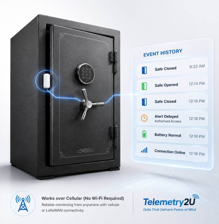 Firearm safe door monitoring illustration showing a connected safe door sensor and a digital event history record in Telemetry2U