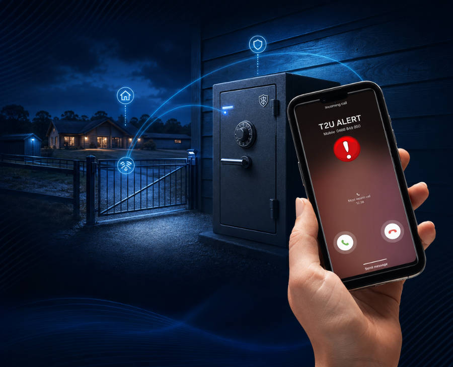 Gun safe alarm monitoring showing a secure property, a gun safe and a smartphone receiving a Telemetry2U alert call