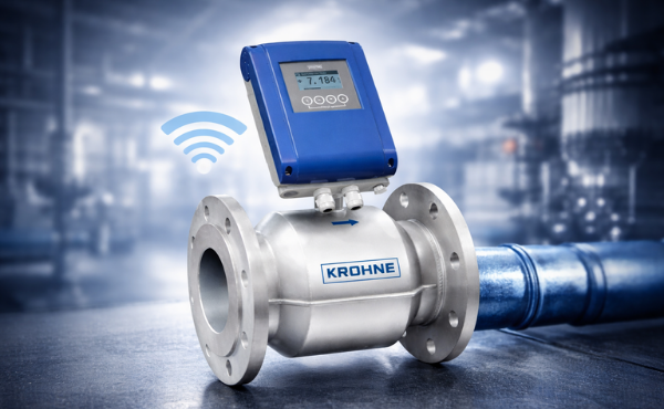 Flow meter with wireless telemetry installed on industrial pipework