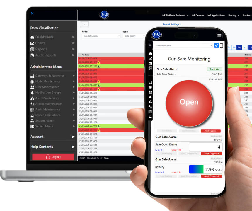 Telemetry2U gun safe alarm monitoring dashboard showing an open safe-door alert, event history and battery status