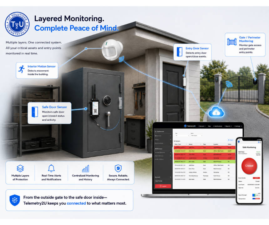 Layered firearm safe and property monitoring illustration showing a safe door sensor, PIR sensor, entry door sensor, gate monitoring and Telemetry2U dashboard alerts
