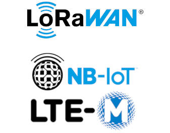 Network logos for LTE-M, NB-IoT, and LoRaWAN connectivity options
