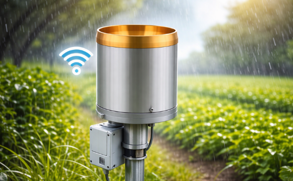Rain gauge with remote telemetry in a field during rainfall
