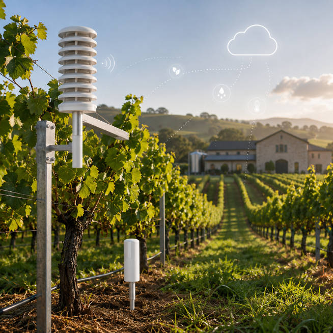 Vineyard microclimate monitoring sensors with outdoor temperature and humidity monitoring, soil measurement and cloud-connected data visualisation