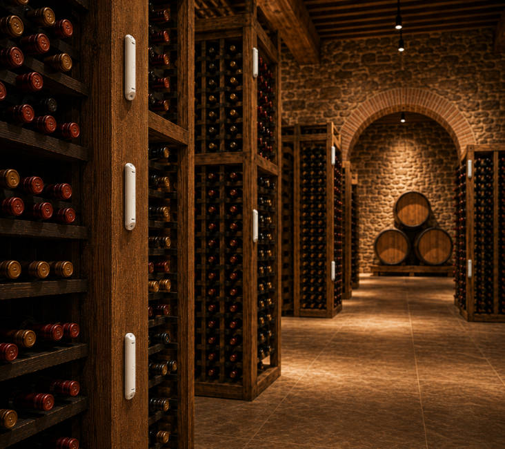 Wine cellar temperature and humidity sensors positioned at high, middle and low levels across wine storage racks