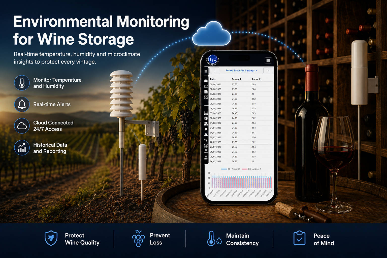 Wine cellar temperature and humidity monitoring with connected sensors, Telemetry2U dashboard access and environmental insights