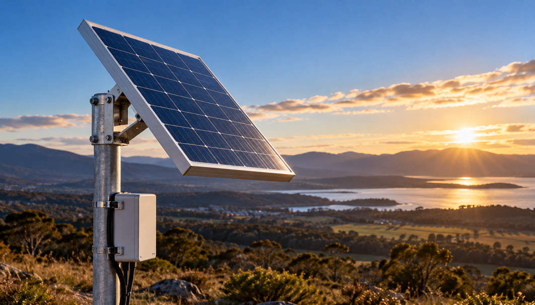 Pole-mounted solar panel positioned for winter sunlight at a remote telemetry installation