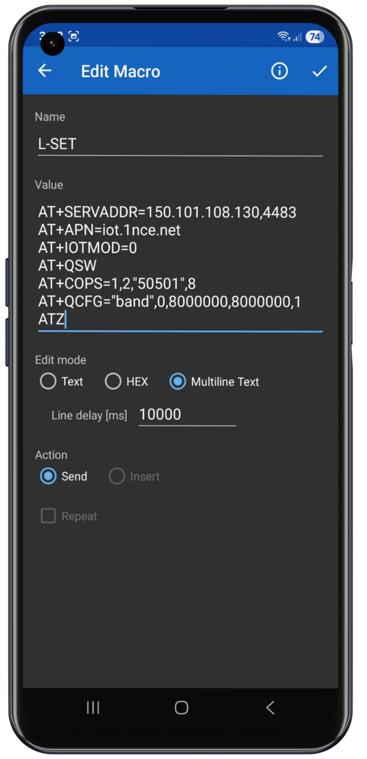 Dragino LTE-M device configuration using Serial Bluetooth Terminal macro settings
