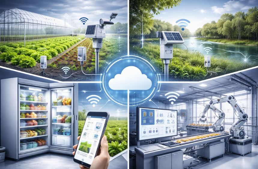 IoT applications including agriculture monitoring, environmental sensing, cold storage temperature control and industrial automation connected to a cloud platform