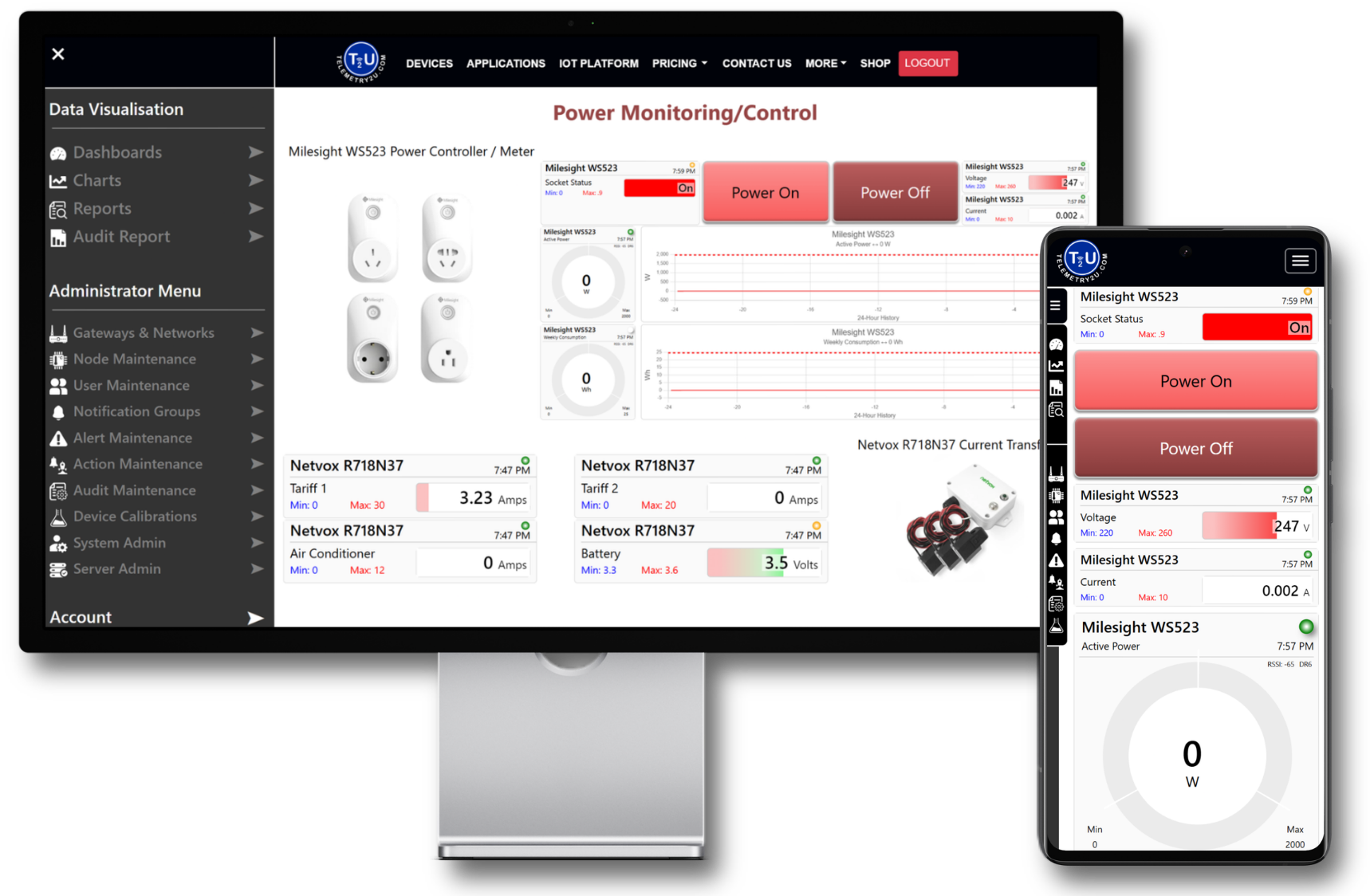 IoT dashboard showing power outlet control buttons on desktop and mobile devices