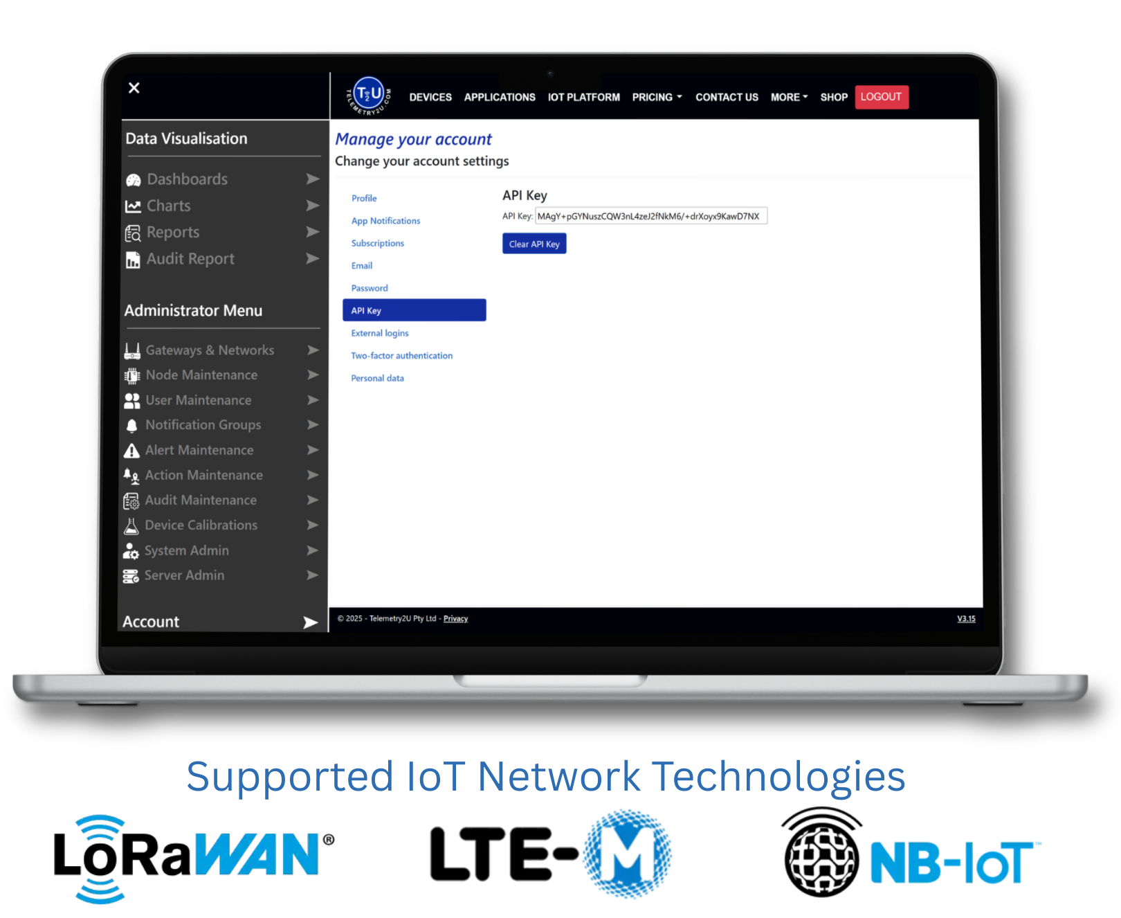 Telemetry2U REST API interface for node and data retrieval shown on laptop