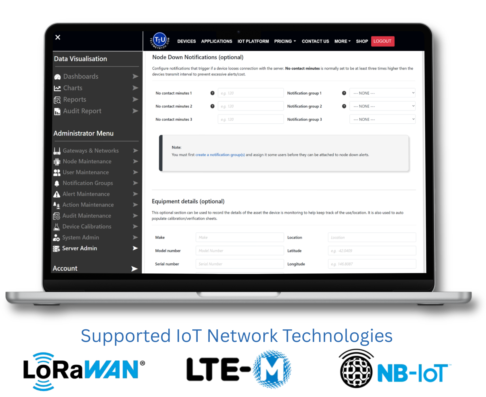 IoT device configuration page displayed on laptop for editing node settings