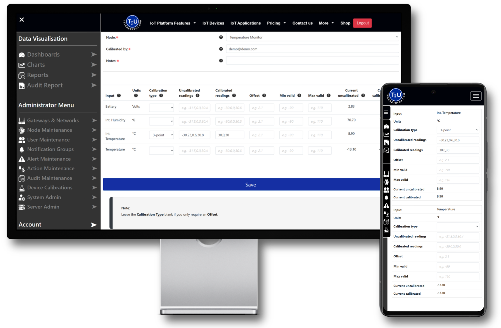 Telemetry2U platform interface showing device calibration management with two point, three point, and offset calibration settings for connected sensors