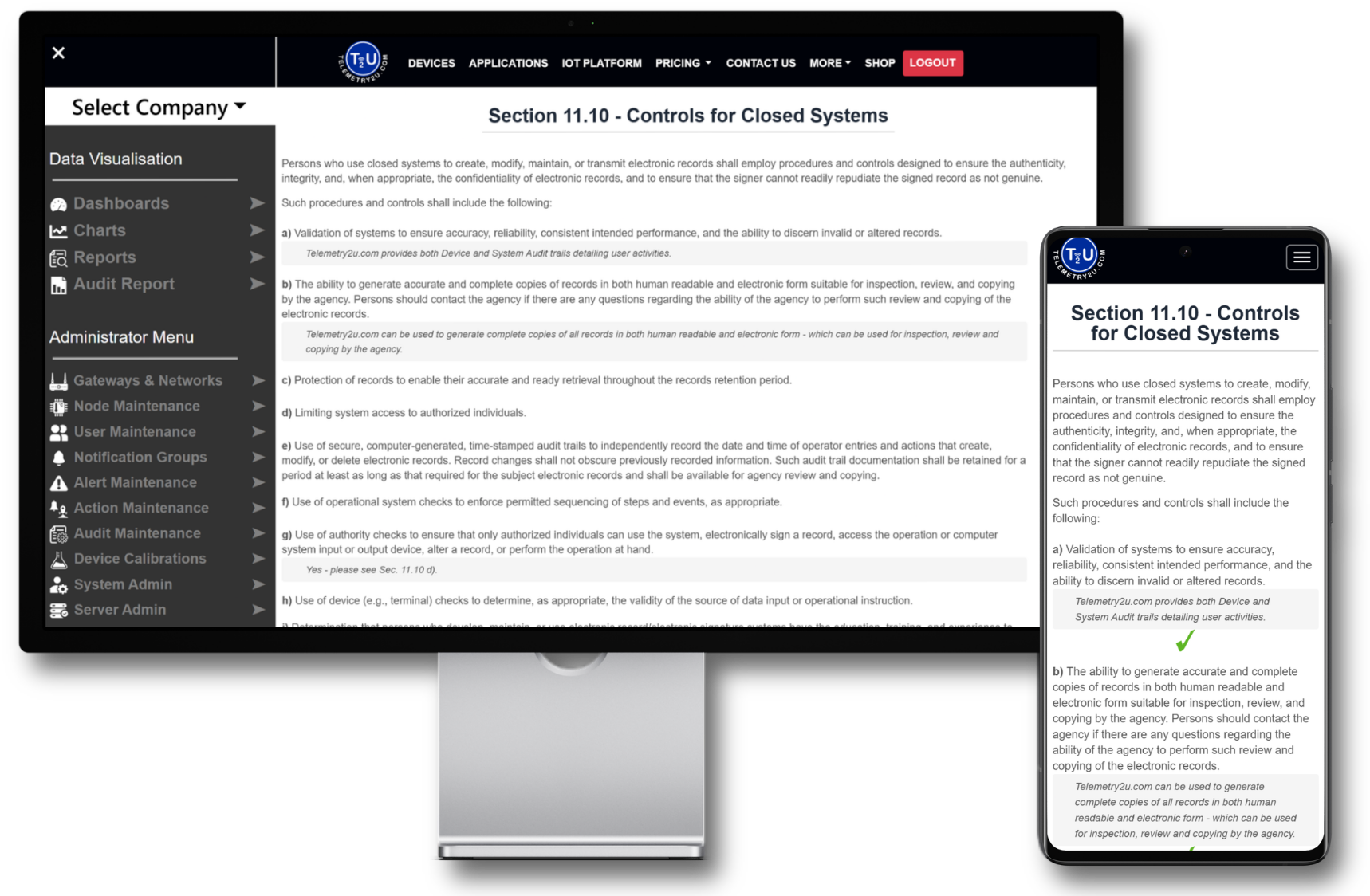 Telemetry2U 21 CFR Part 11 electronic record controls displayed on desktop and mobile devices