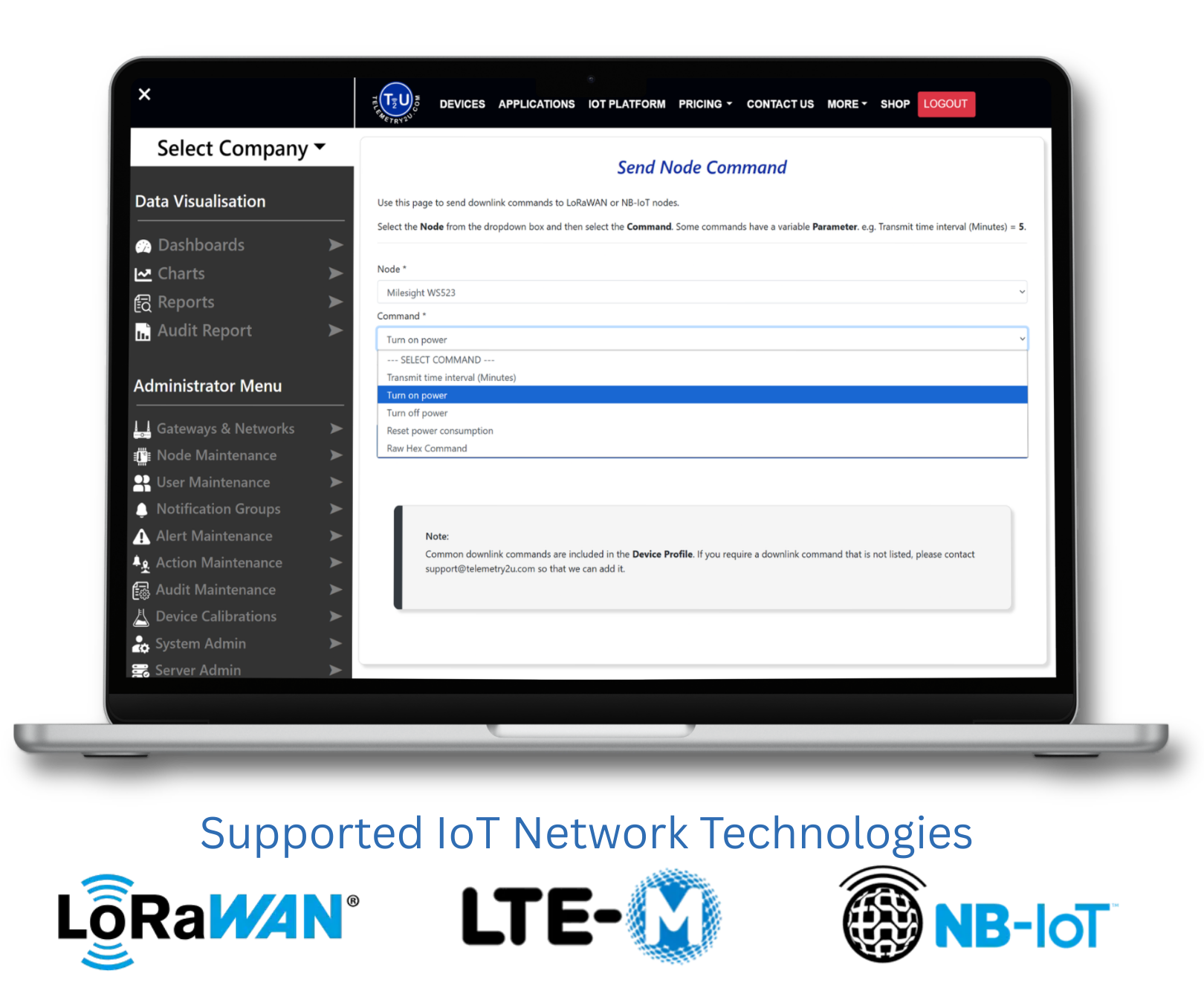 Telemetry2U send to node page for issuing downlink device commands