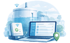 Low frequency IoT monitoring system showing tank level sensor and cloud dashboard for remote asset monitoring