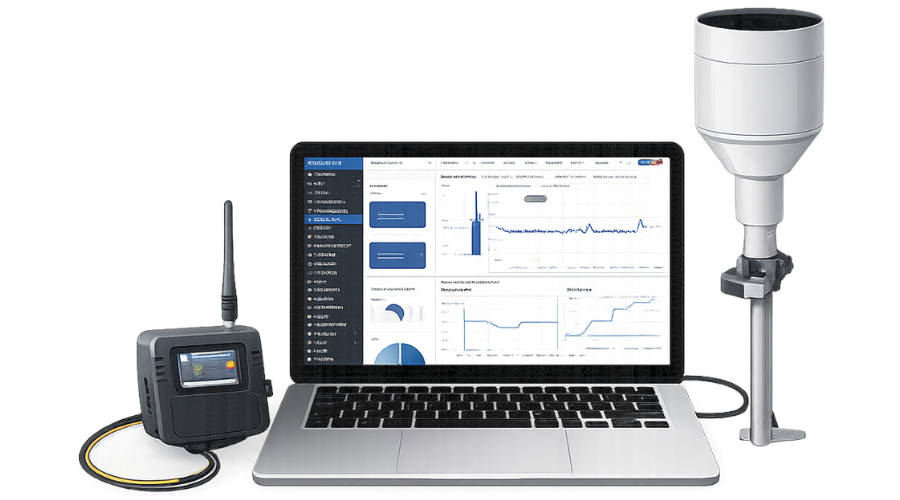 Pulse monitoring setup with IoT gateway, laptop dashboard, and rain gauge sensor for Telemetry2U platform
