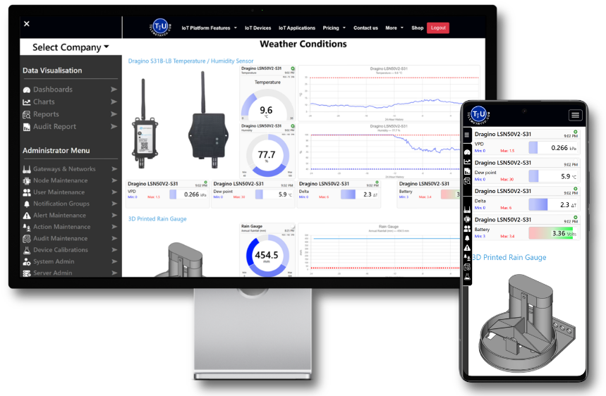 IoT platform dashboard for monitoring wireless sensors shown on desktop and mobile screens
